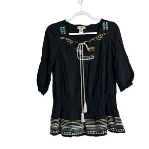 Moon Collection 3/4 Sleeve Blouse Women‎ S Black Embroidered Boho Casual